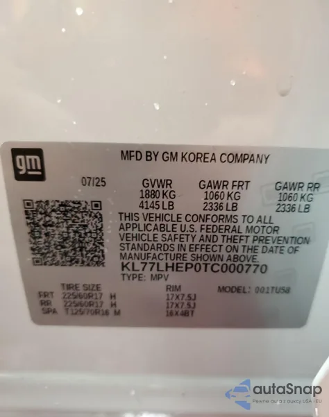 2026 Chevrolet Trax 1Lt from USA, damaged, VIN KL77LHEP0TC000770